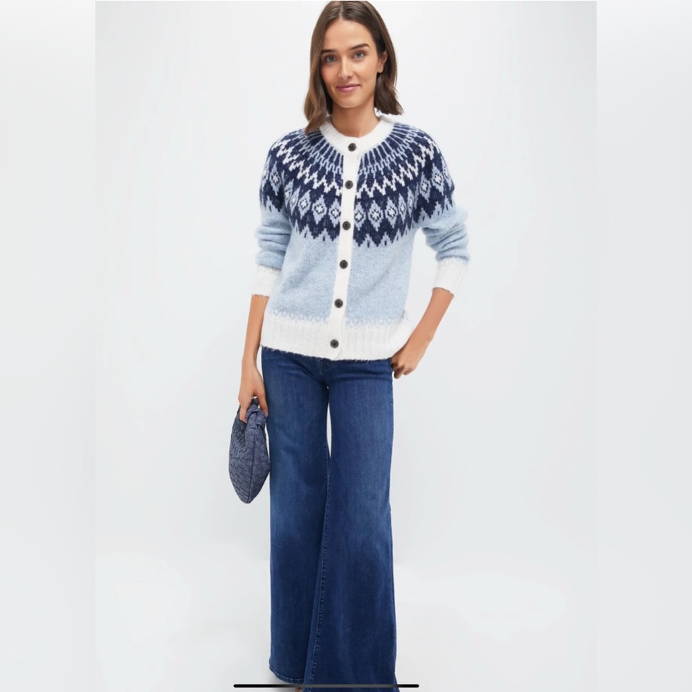 ALEX MILL Frosty Blue Combo Ashwood Fair Isle Cardigan Wintry Alpine Apres